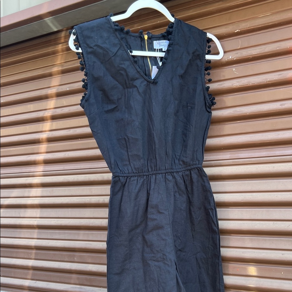 Elegant Black Sleeveless Linen blend Jumpsuit with Pom poms Zip Back S/M